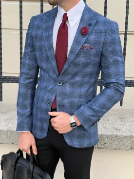 Messina Navy Blue Plaid Slim Fit Blazer