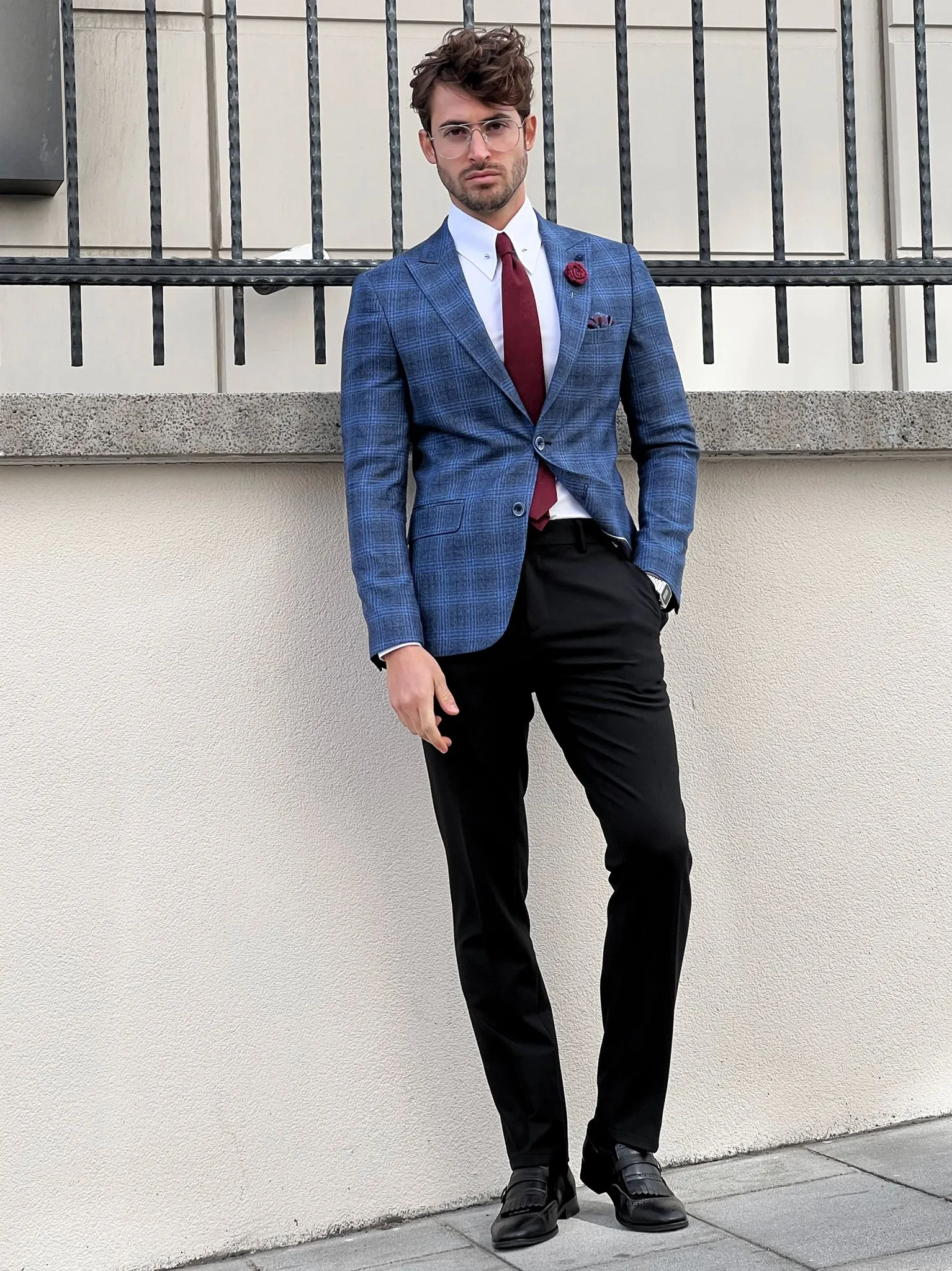 Messina Navy Blue Plaid Slim Fit Blazer
