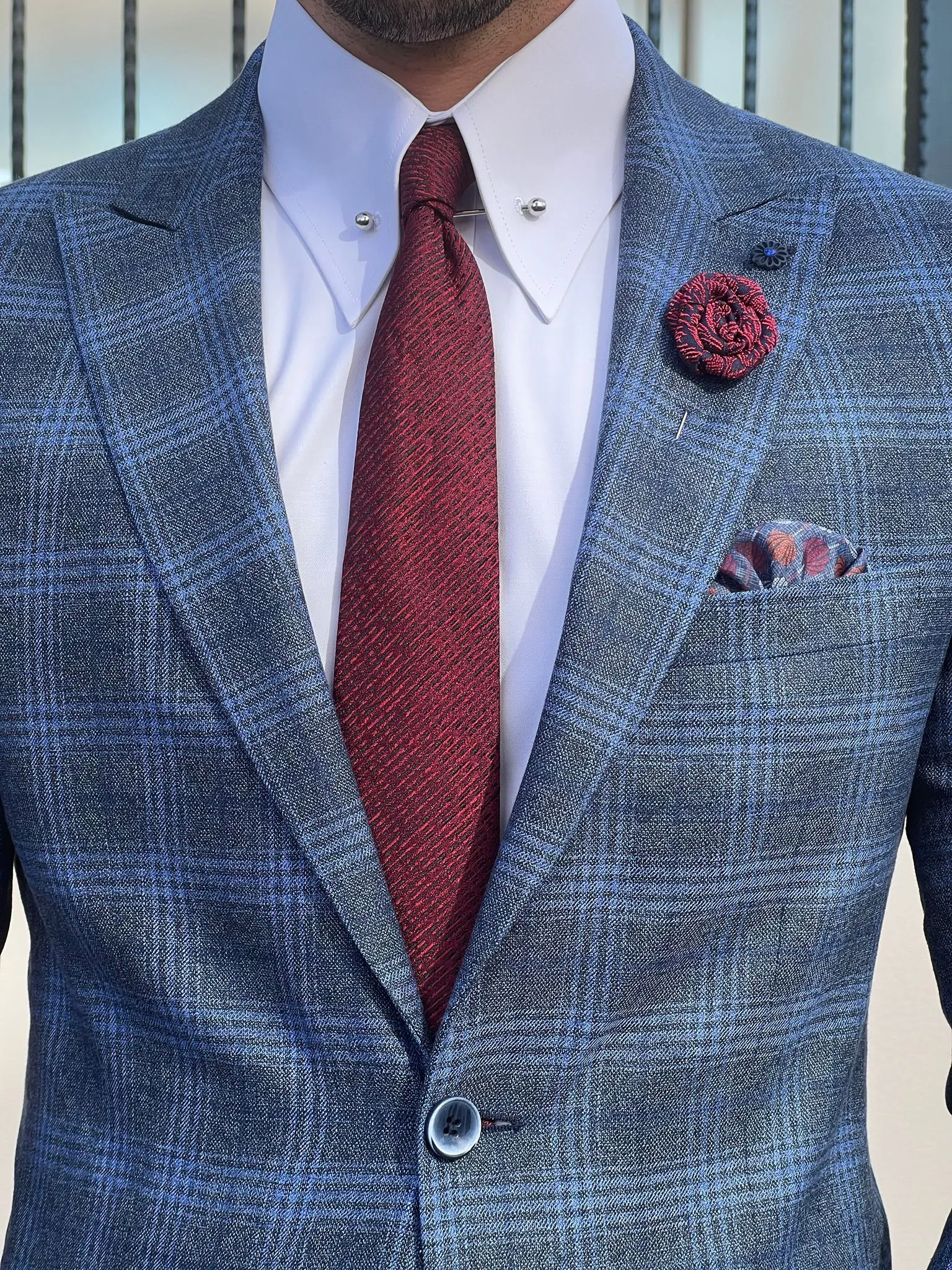 Messina Navy Blue Plaid Slim Fit Blazer