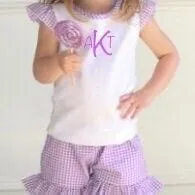 Monogram Baby Toddler Girls Flutter Sleeve Gingham Tshirt and Gingham Shorts Matching Set