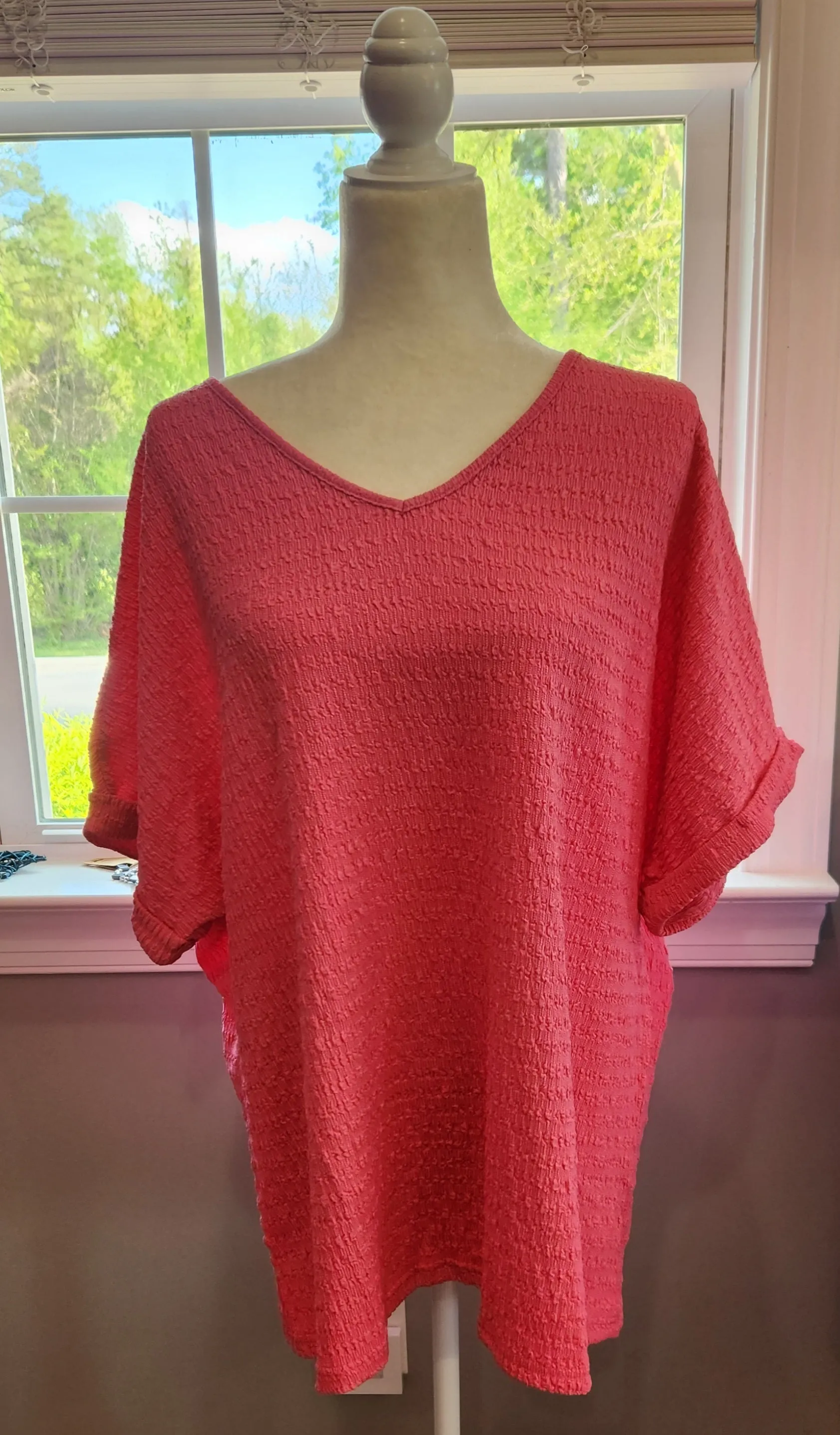 Pink Knit Textured V-Neck Blouse
