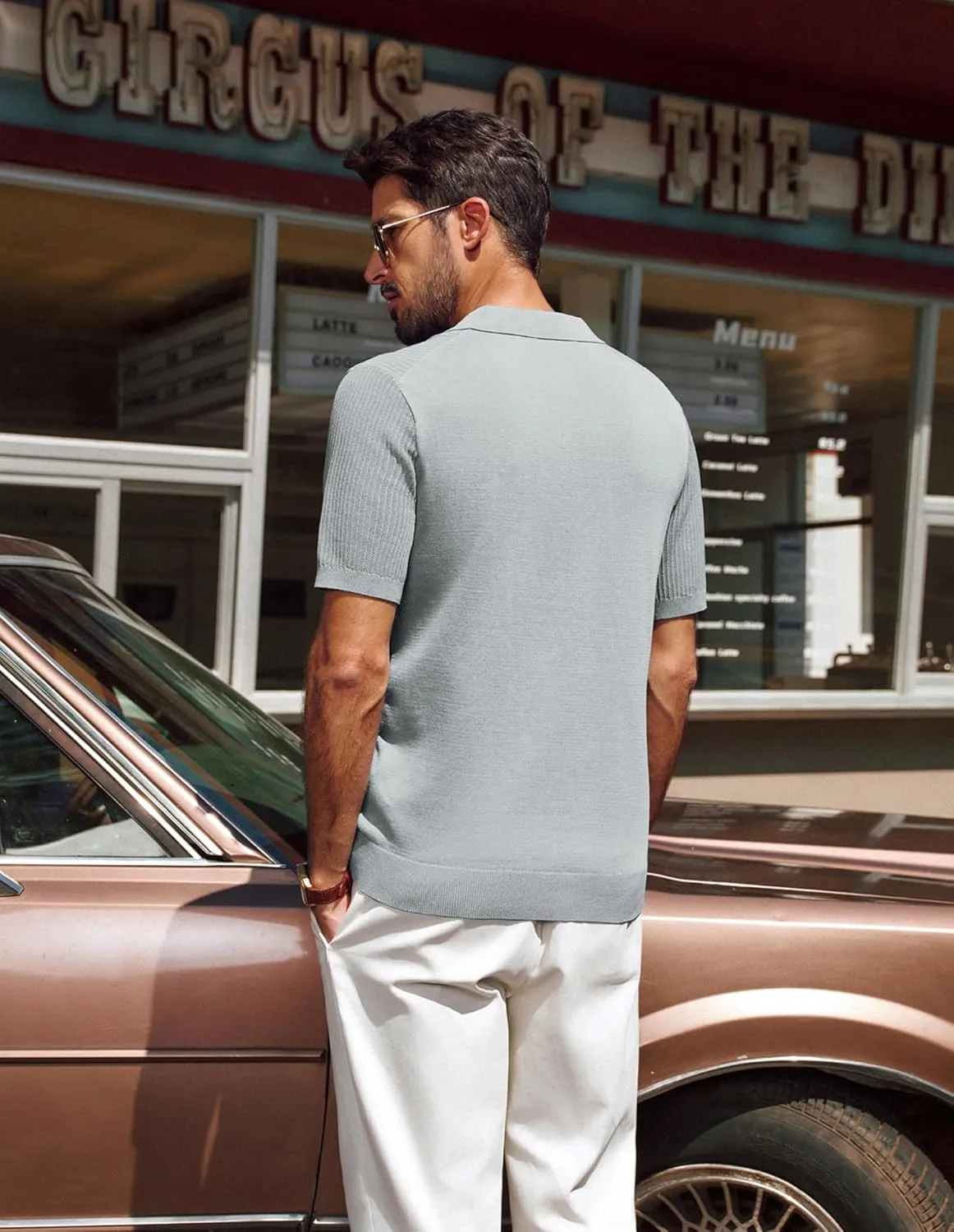 PJ PAUL JONES Men's Polo Shirts Short Sleeve V-Neck Ribbed Polo Shirt Casual Breathable Knit Polo