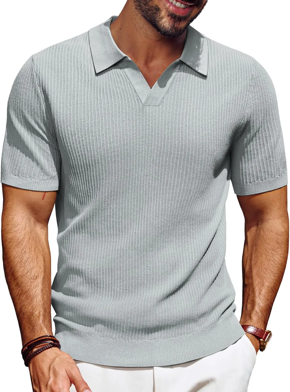 PJ PAUL JONES Men's Polo Shirts Short Sleeve V-Neck Ribbed Polo Shirt Casual Breathable Knit Polo