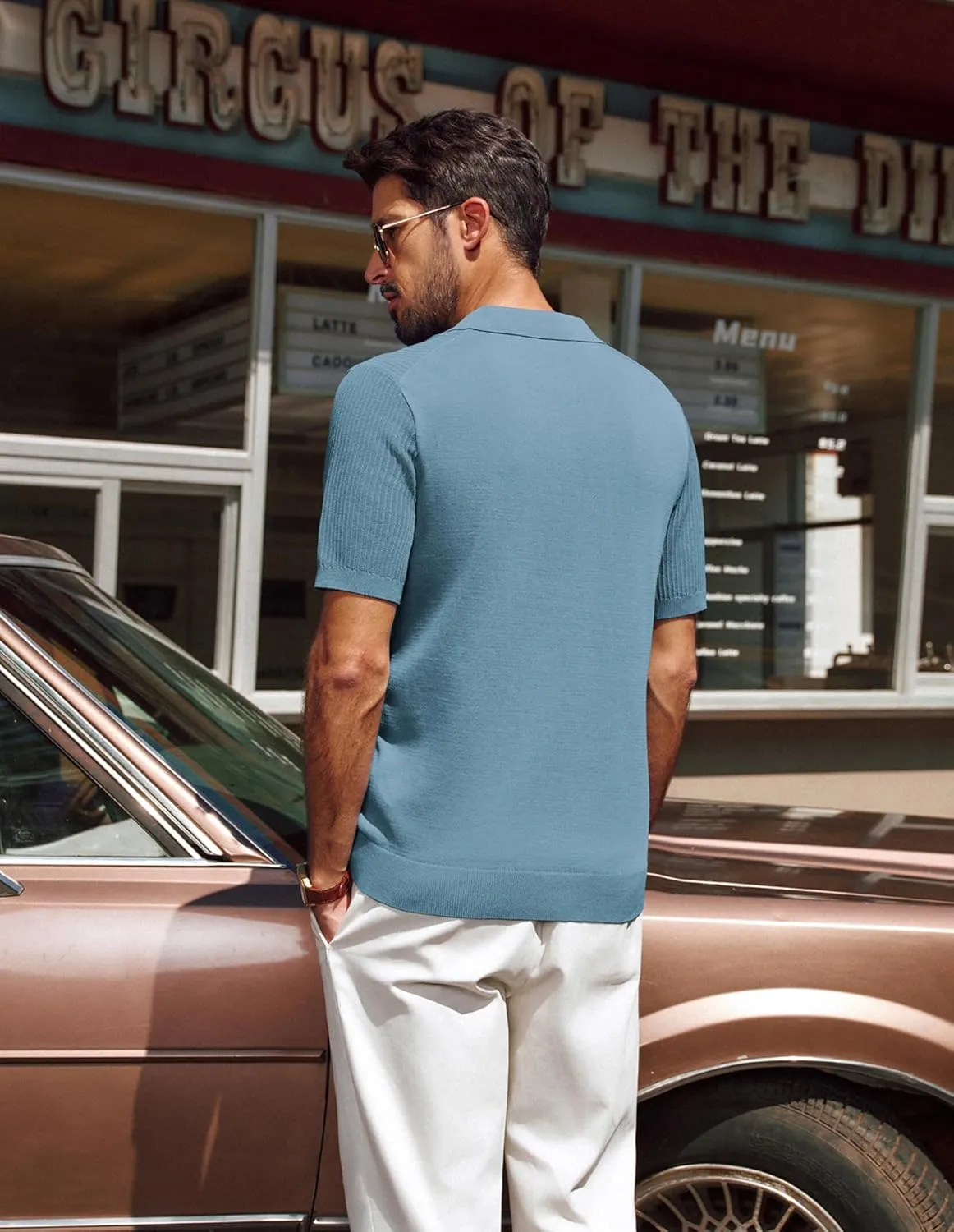 PJ PAUL JONES Men's Polo Shirts Short Sleeve V-Neck Ribbed Polo Shirt Casual Breathable Knit Polo