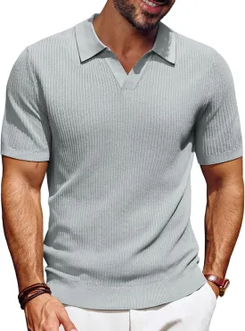 PJ PAUL JONES Men's Polo Shirts Short Sleeve V-Neck Ribbed Polo Shirt Casual Breathable Knit Polo