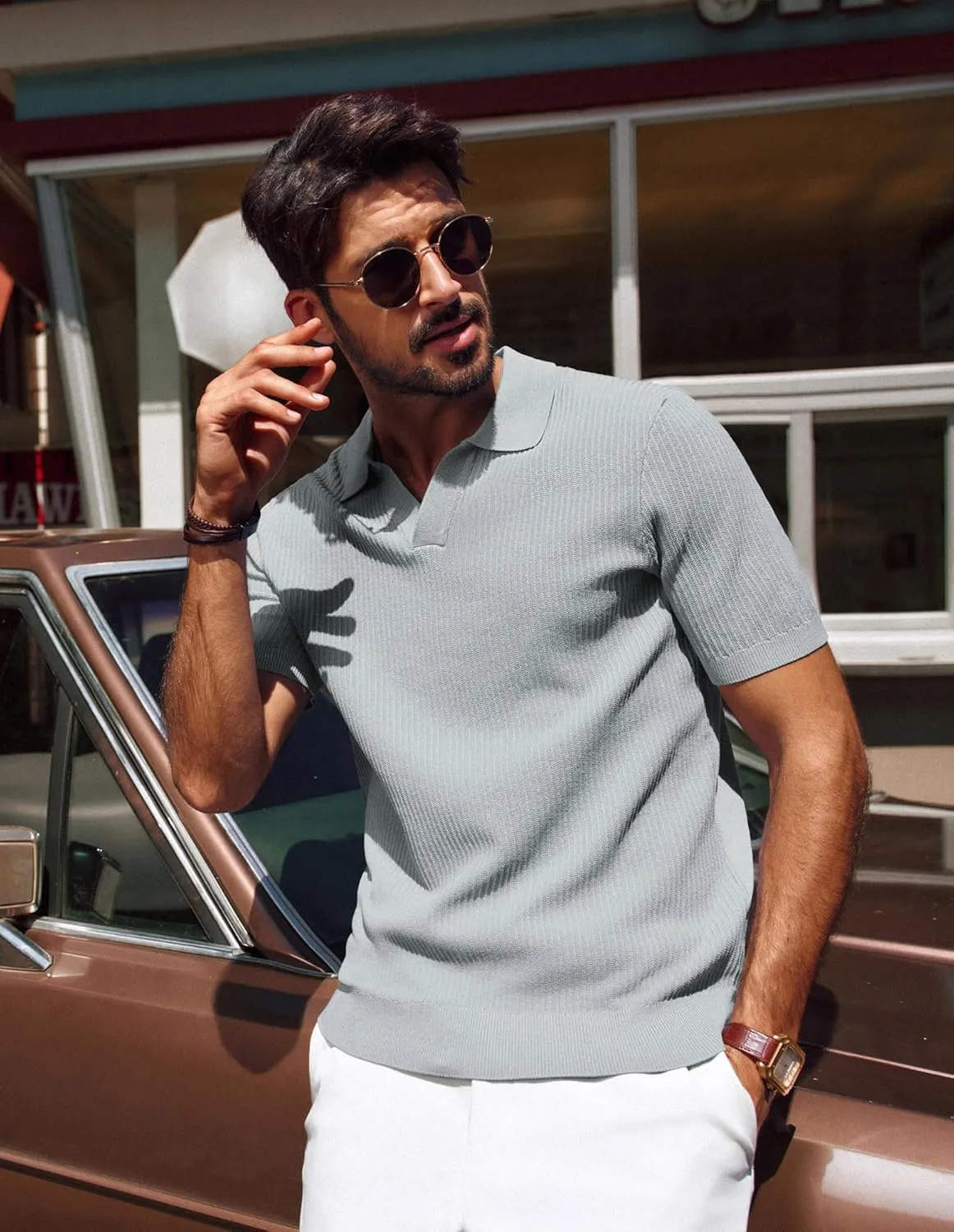 PJ PAUL JONES Men's Polo Shirts Short Sleeve V-Neck Ribbed Polo Shirt Casual Breathable Knit Polo