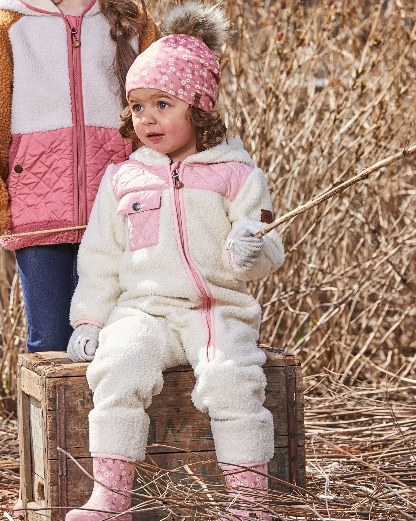Printed Jersey Detachable Pompom Hat Small White Flowers On Pale Pink