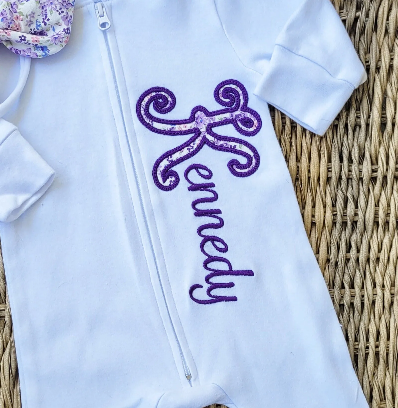Purple Floral Applique Girl Footie