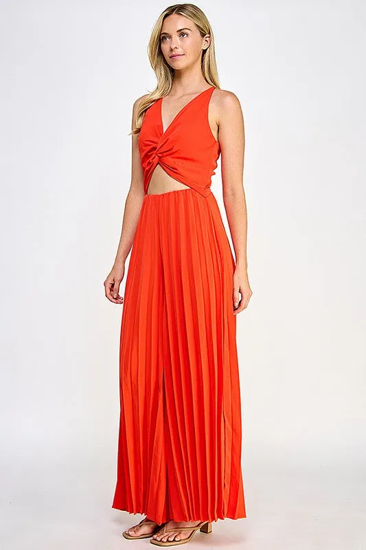 Red Halter Neck Jumpsuit With Pleated Bottom