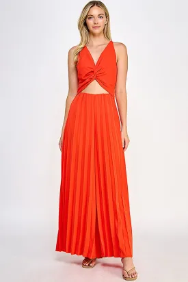 Red Halter Neck Jumpsuit With Pleated Bottom