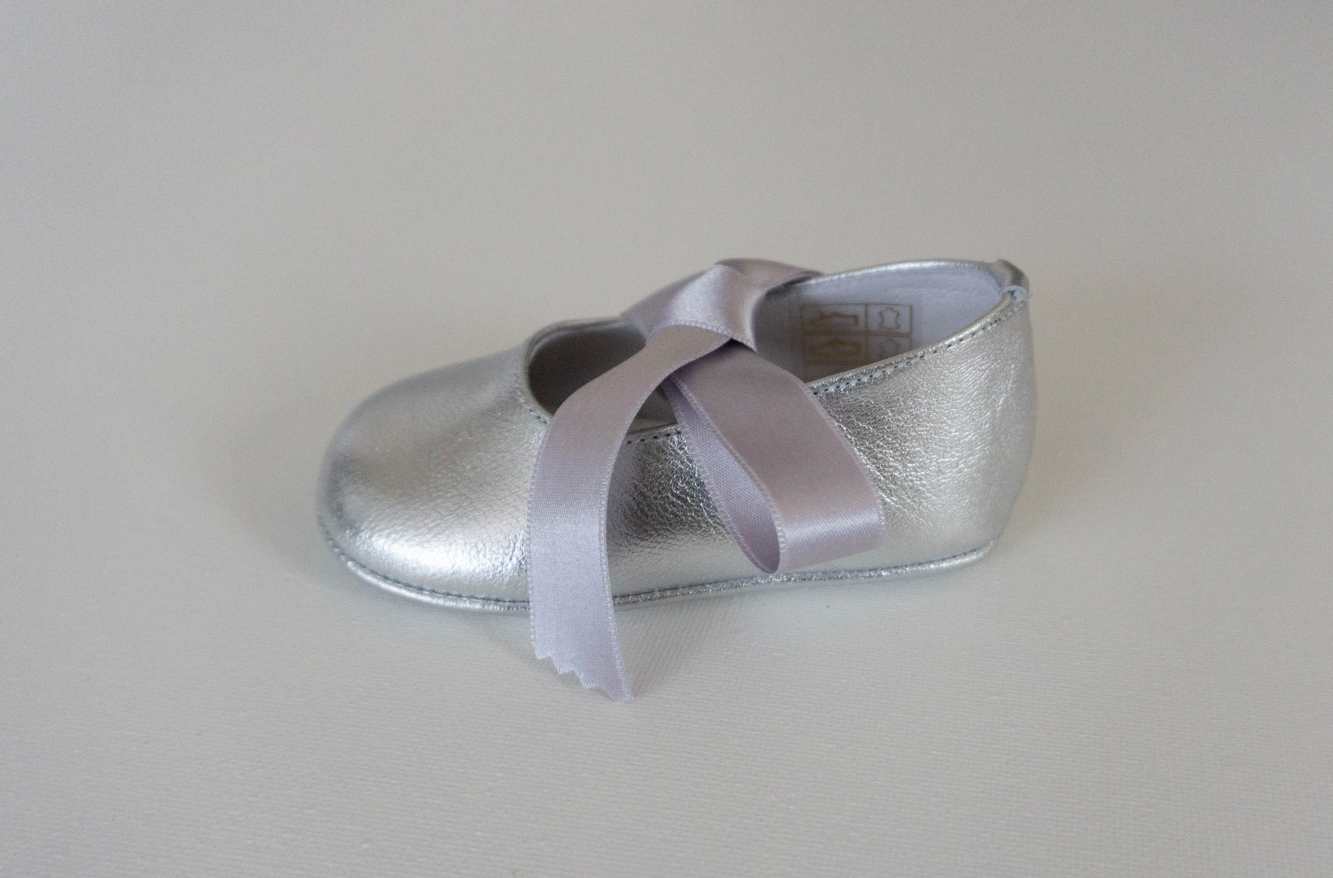 Silver Mary Jane Pram shoes with grey ribbons