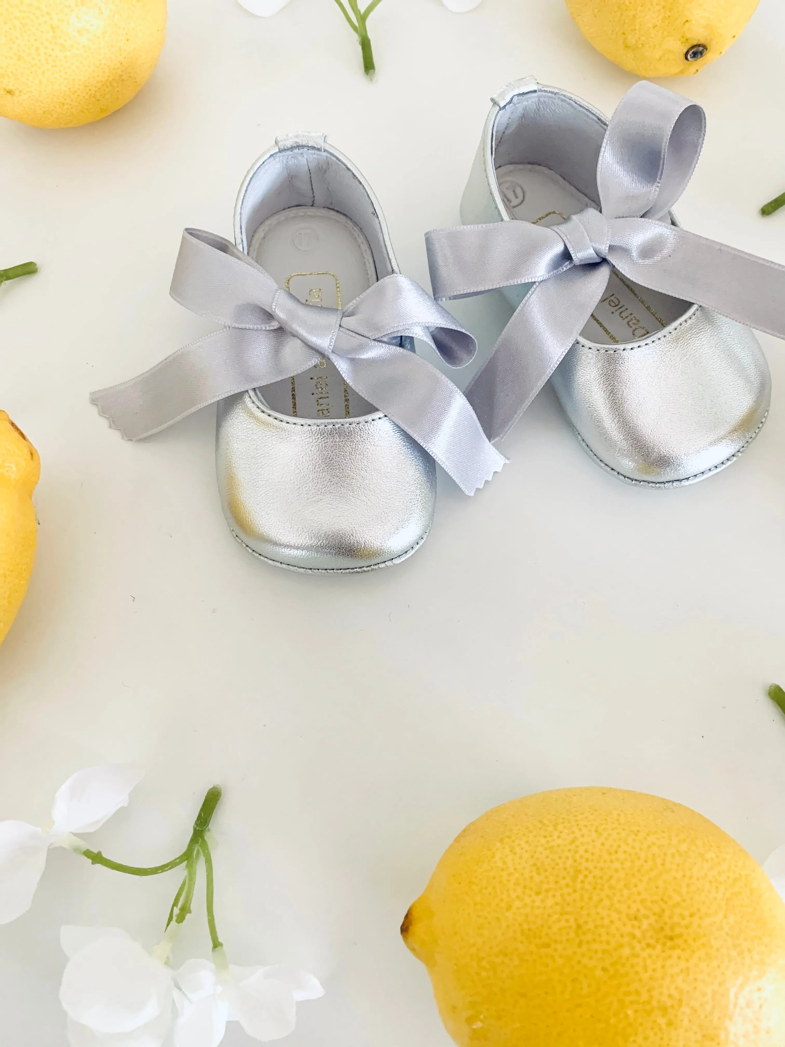 Silver Mary Jane Pram shoes with grey ribbons