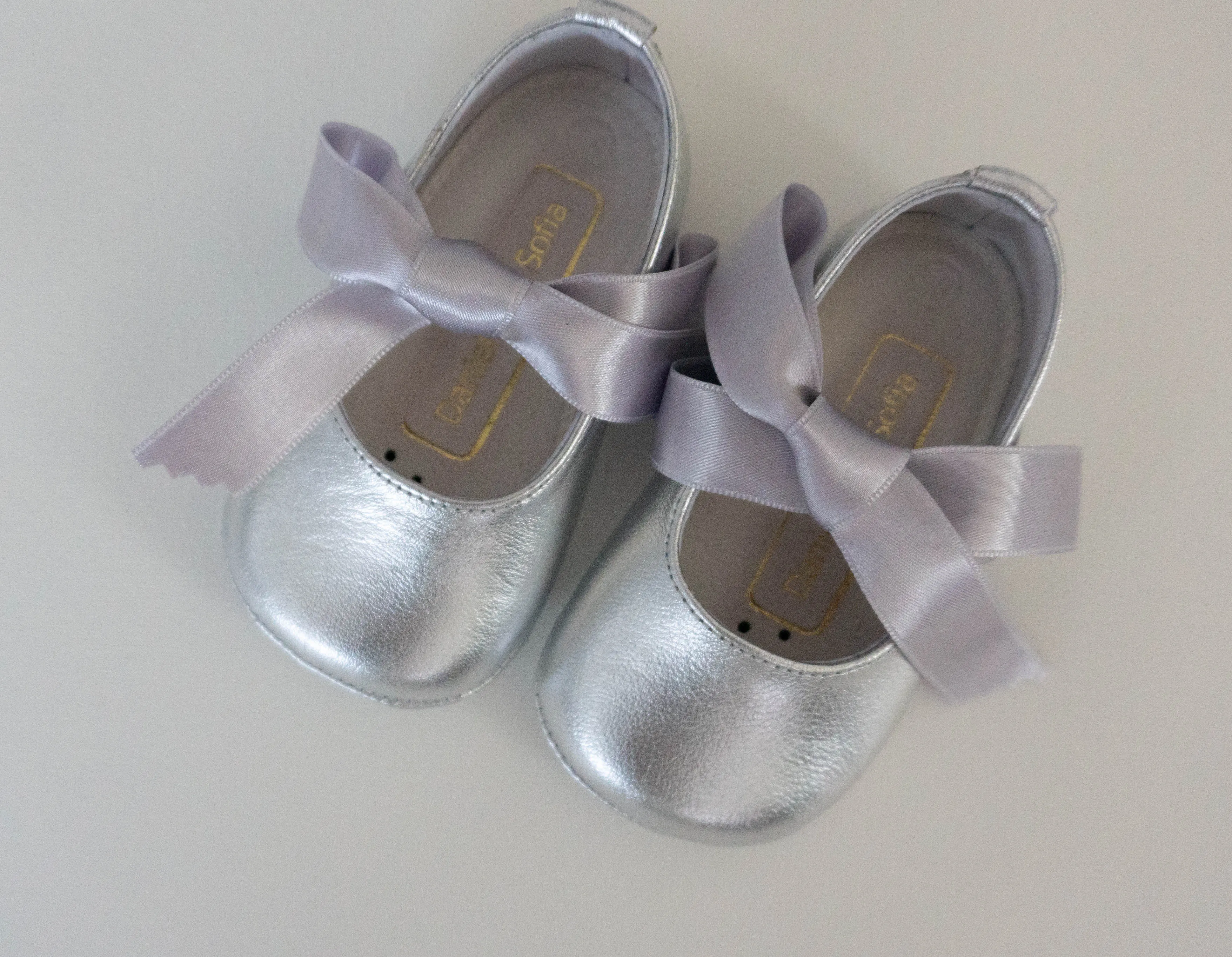 Silver Mary Jane Pram shoes with grey ribbons