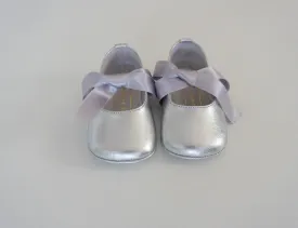 Silver Mary Jane Pram shoes with grey ribbons