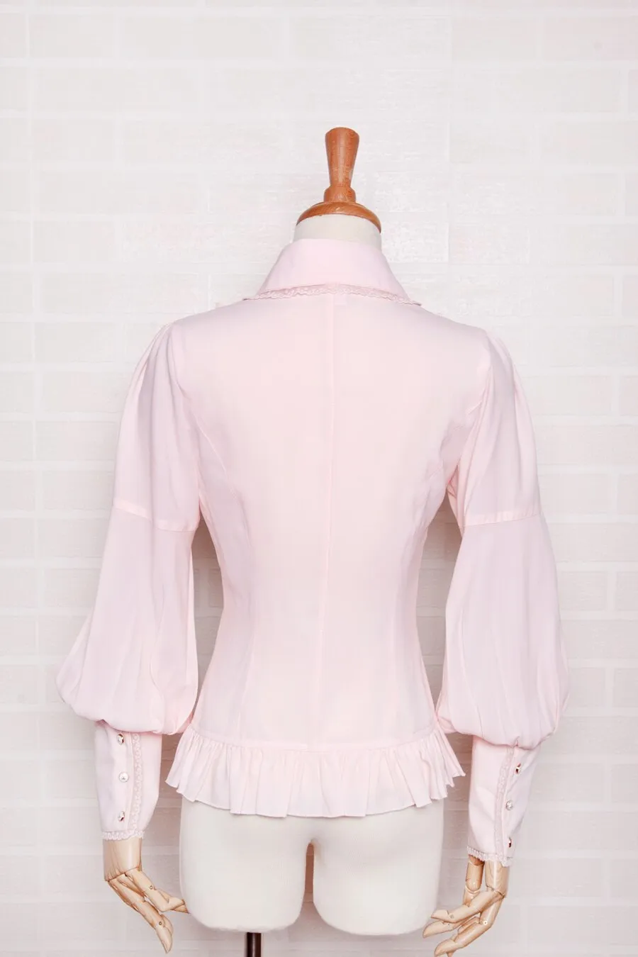 Sweet Girl's Chiffon Blouse Pink Long Puff Sleeve Women's Shirt with Ruffles