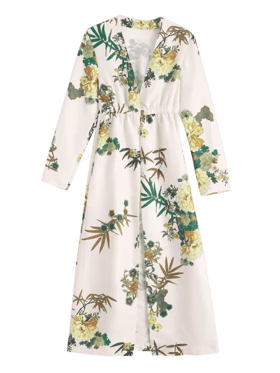 TastyHottie - Pretty Floral Long Sleeves Open Front Coverup Dress
