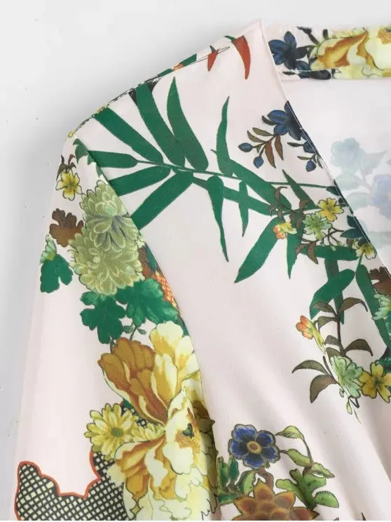 TastyHottie - Pretty Floral Long Sleeves Open Front Coverup Dress