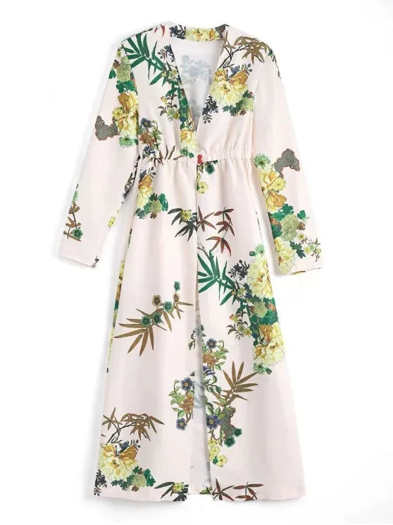 TastyHottie - Pretty Floral Long Sleeves Open Front Coverup Dress
