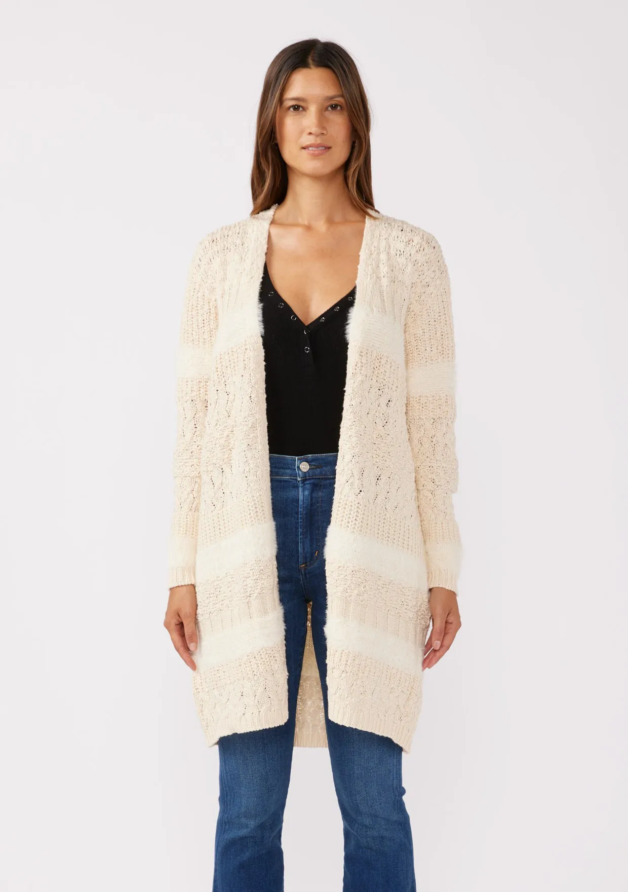 Textured Patchwork Open Front Knit Cardigan