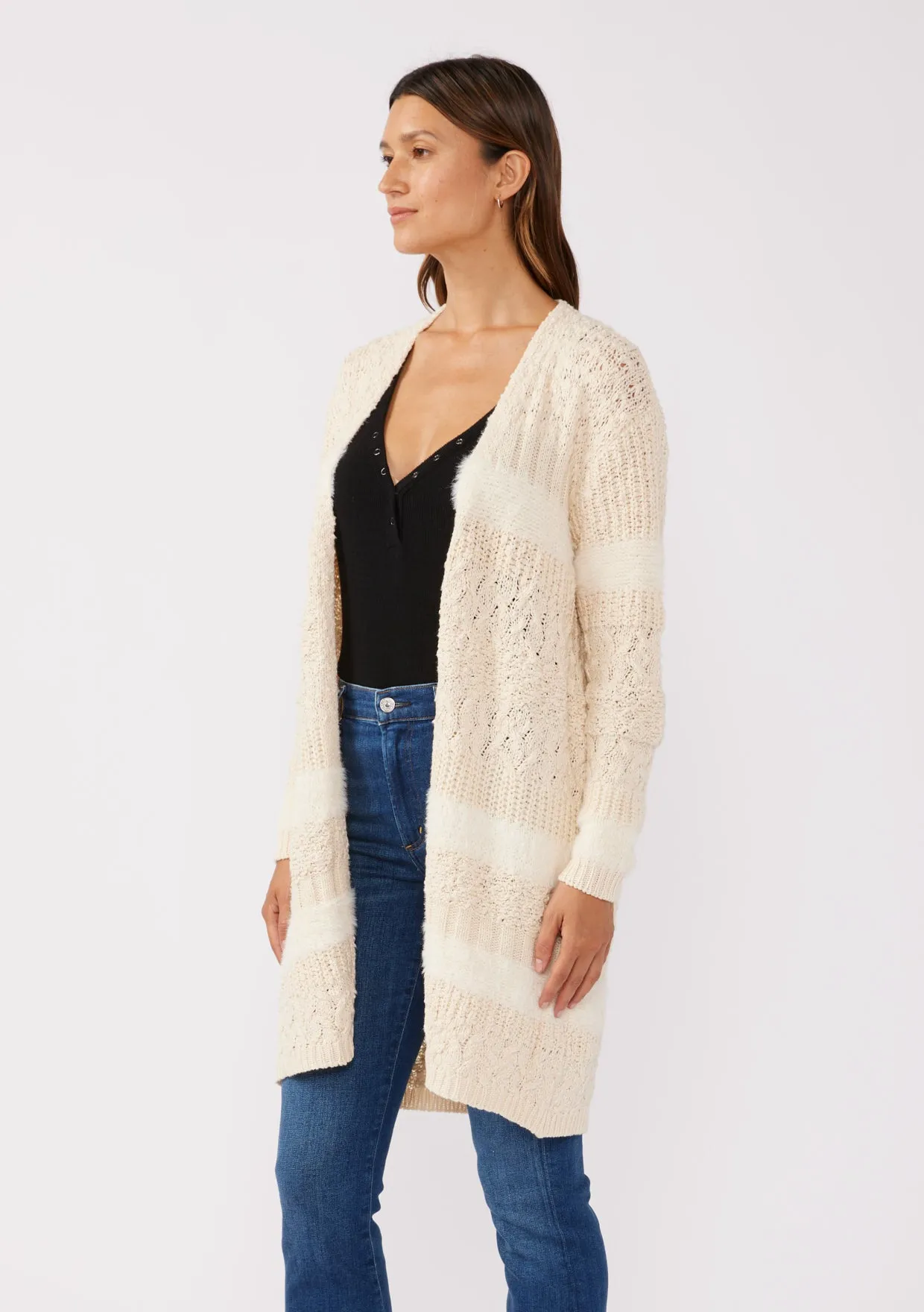 Textured Patchwork Open Front Knit Cardigan