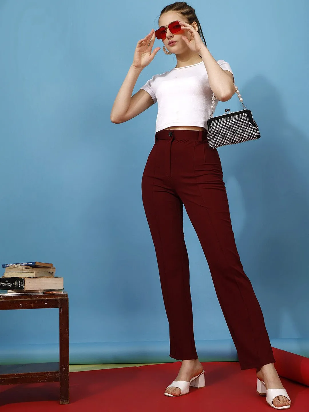 Wine Regular Fit Flat-Front Trouser