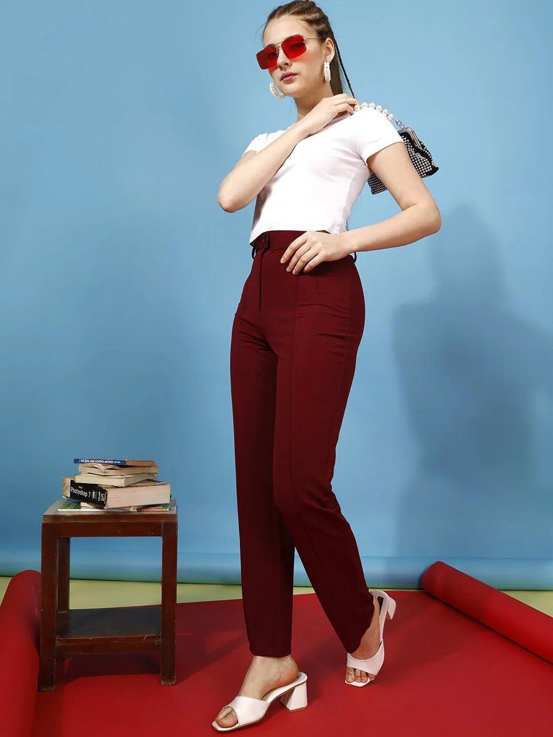 Wine Regular Fit Flat-Front Trouser