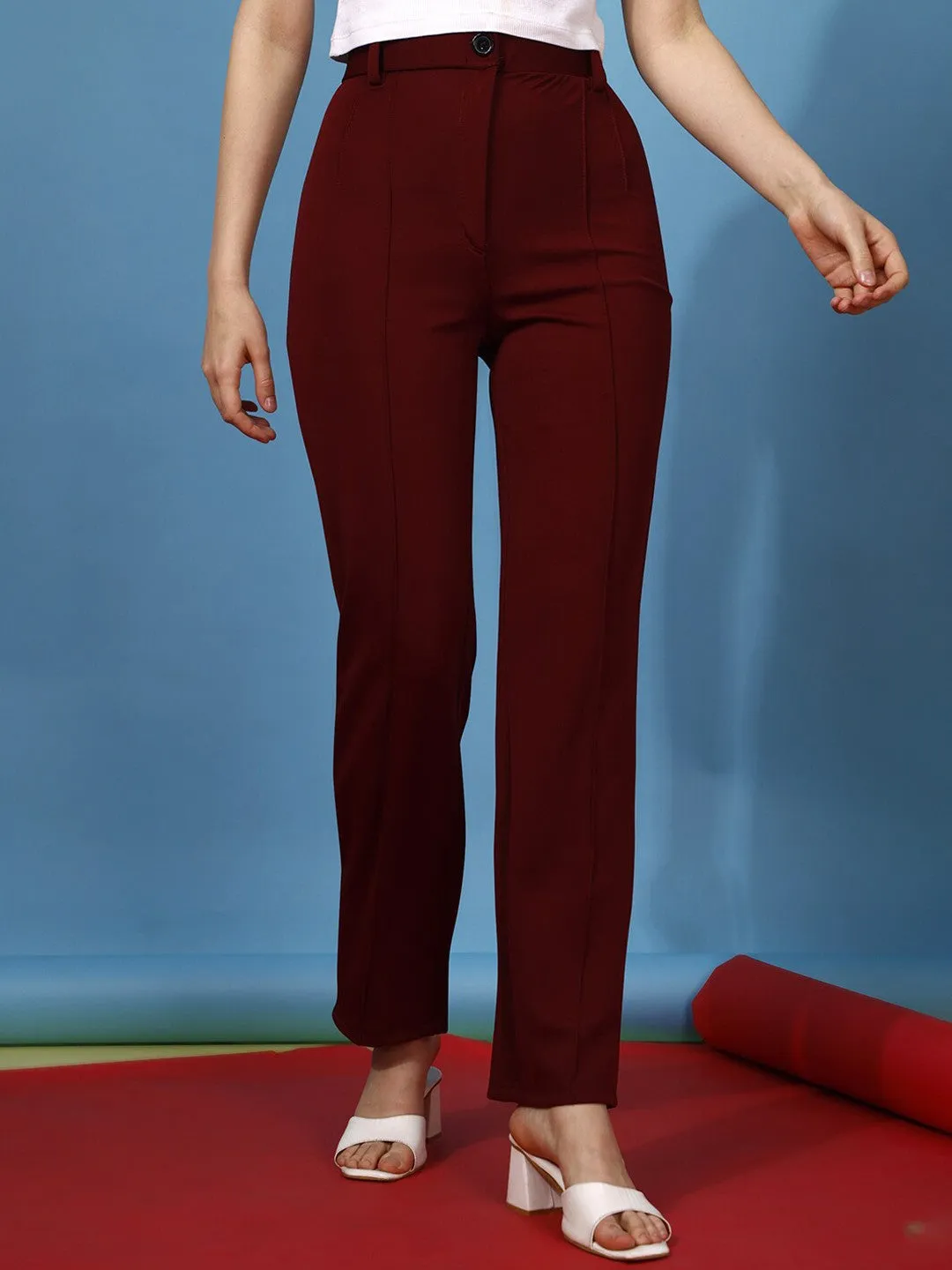Wine Regular Fit Flat-Front Trouser