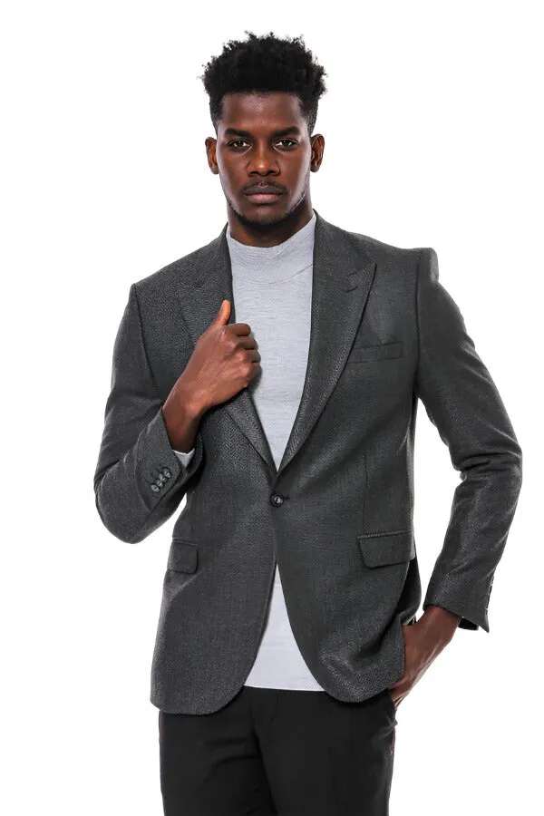 WSS Dark Grey Patterned Slim Fit Blazer  - Singen