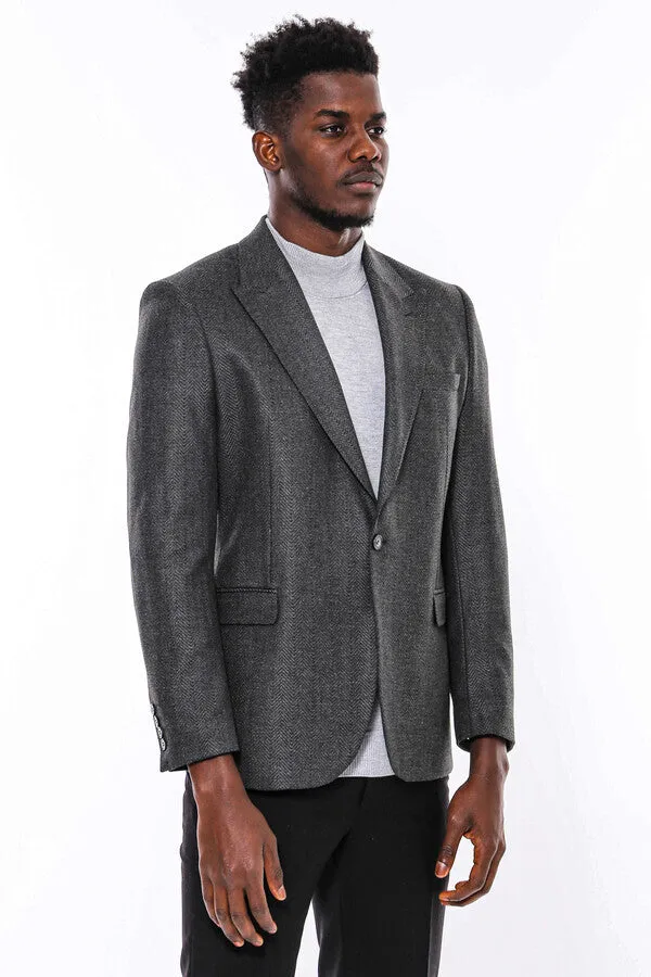 WSS Dark Grey Patterned Slim Fit Blazer  - Singen