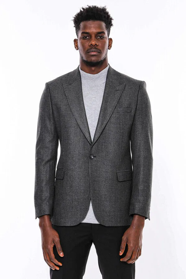 WSS Dark Grey Patterned Slim Fit Blazer  - Singen