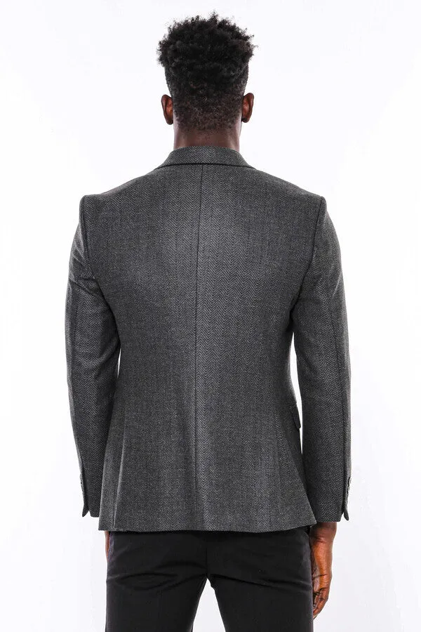 WSS Dark Grey Patterned Slim Fit Blazer  - Singen