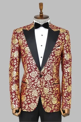 WSS Gold Rose Patterned Slim Fit Burgundy Men Prom Blazer  - Singen