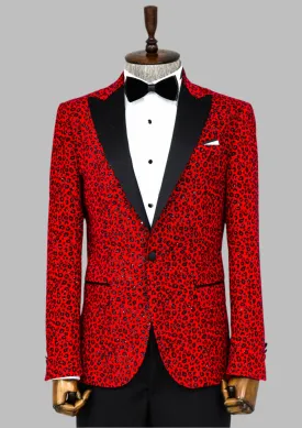 WSS Leopard Pattern Slim Fit Peak Lapel Burgundy Men Prom Blazer - Singen