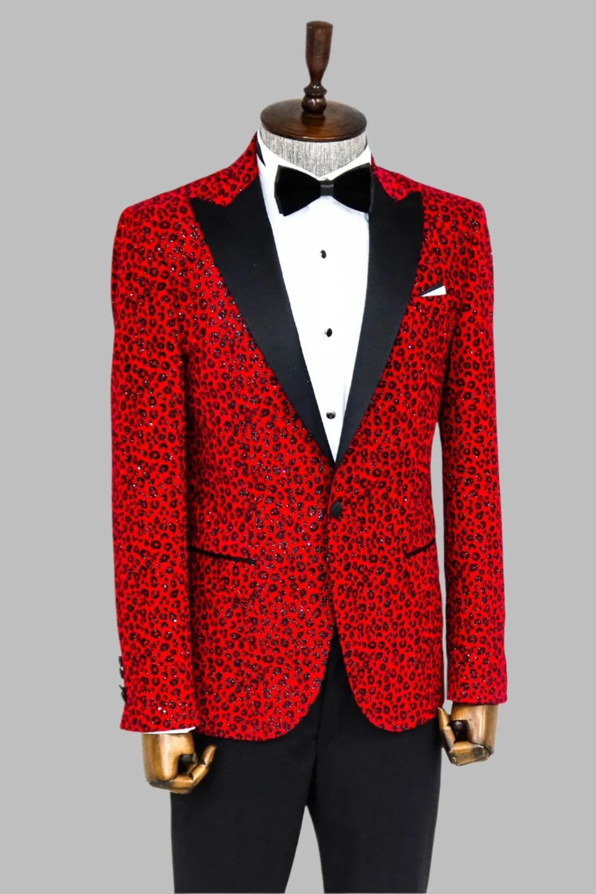 WSS Leopard Pattern Slim Fit Peak Lapel Burgundy Men Prom Blazer - Singen
