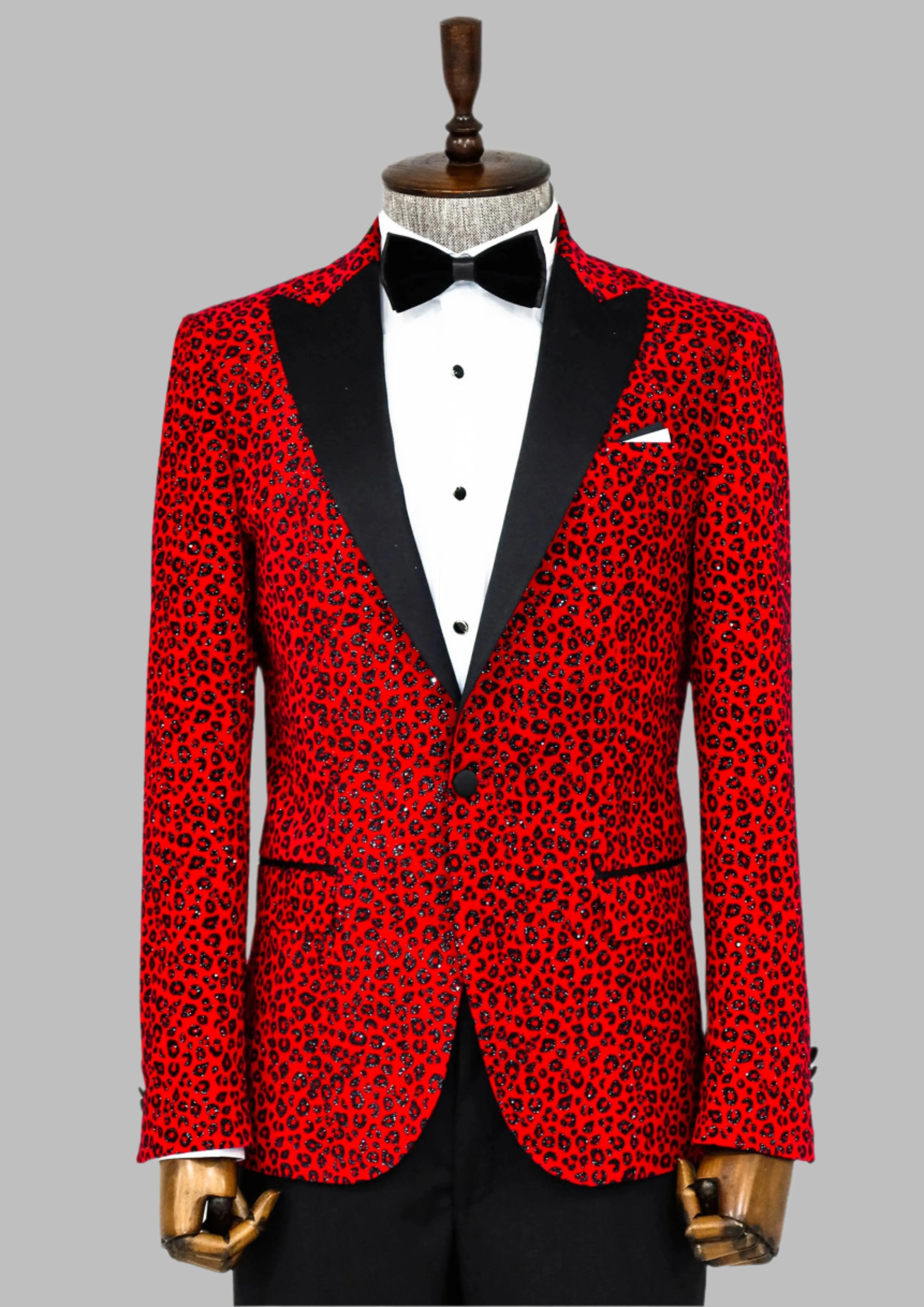 WSS Leopard Pattern Slim Fit Peak Lapel Burgundy Men Prom Blazer - Singen