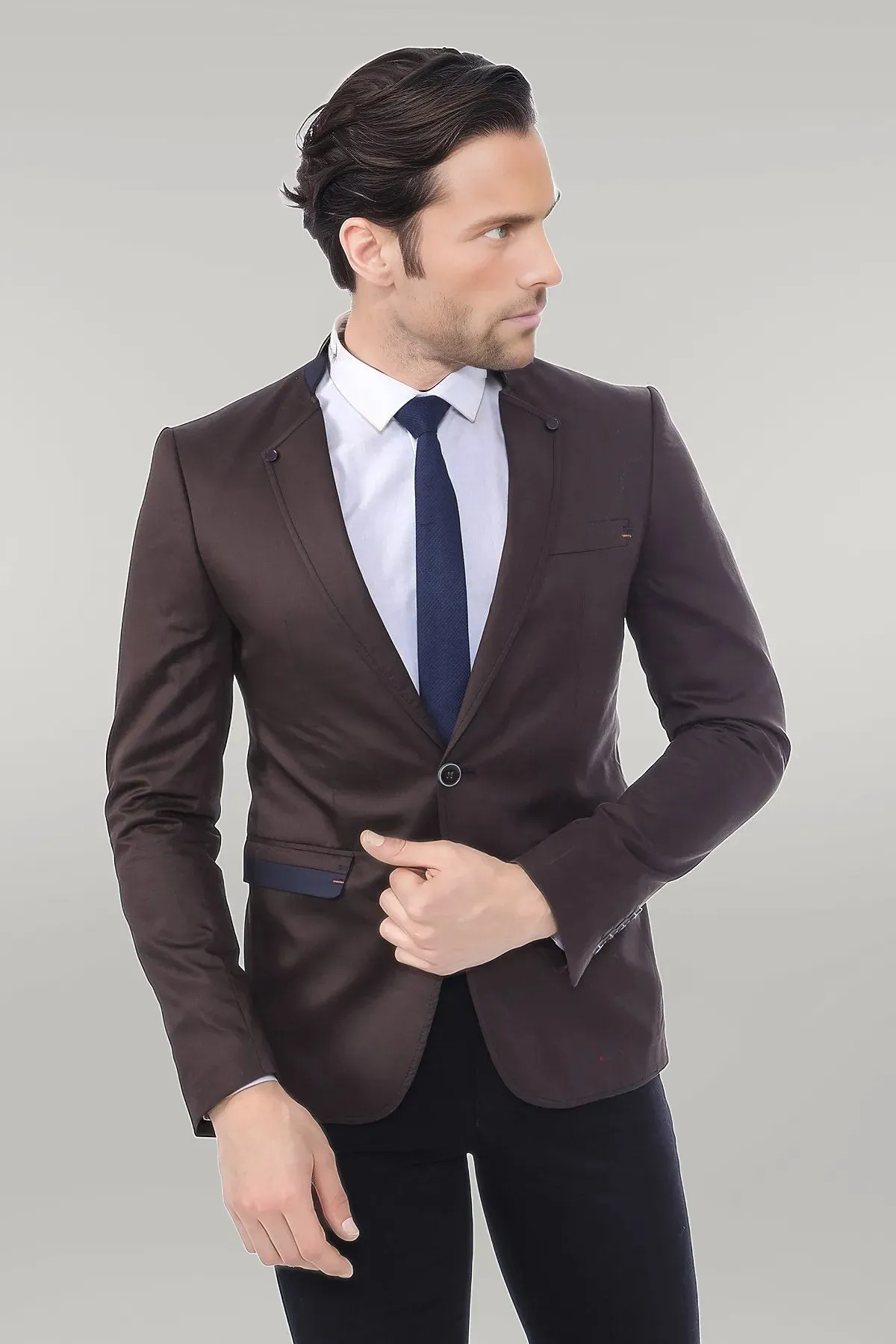 WSS Single Button Standing Collar Brown Men Blazer  - Singen