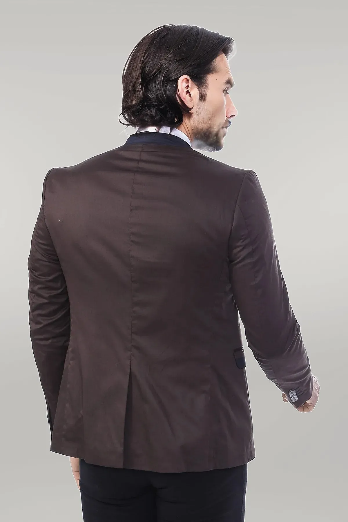 WSS Single Button Standing Collar Brown Men Blazer  - Singen