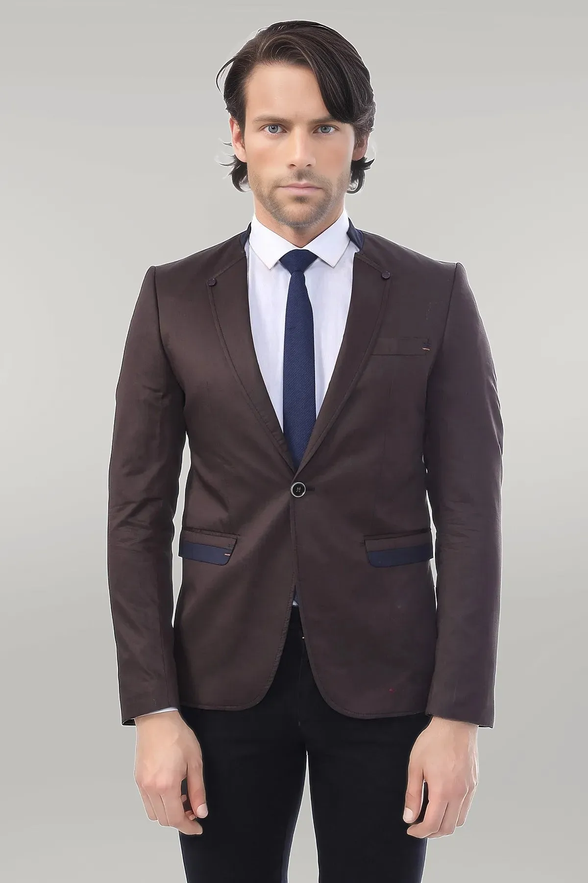 WSS Single Button Standing Collar Brown Men Blazer  - Singen